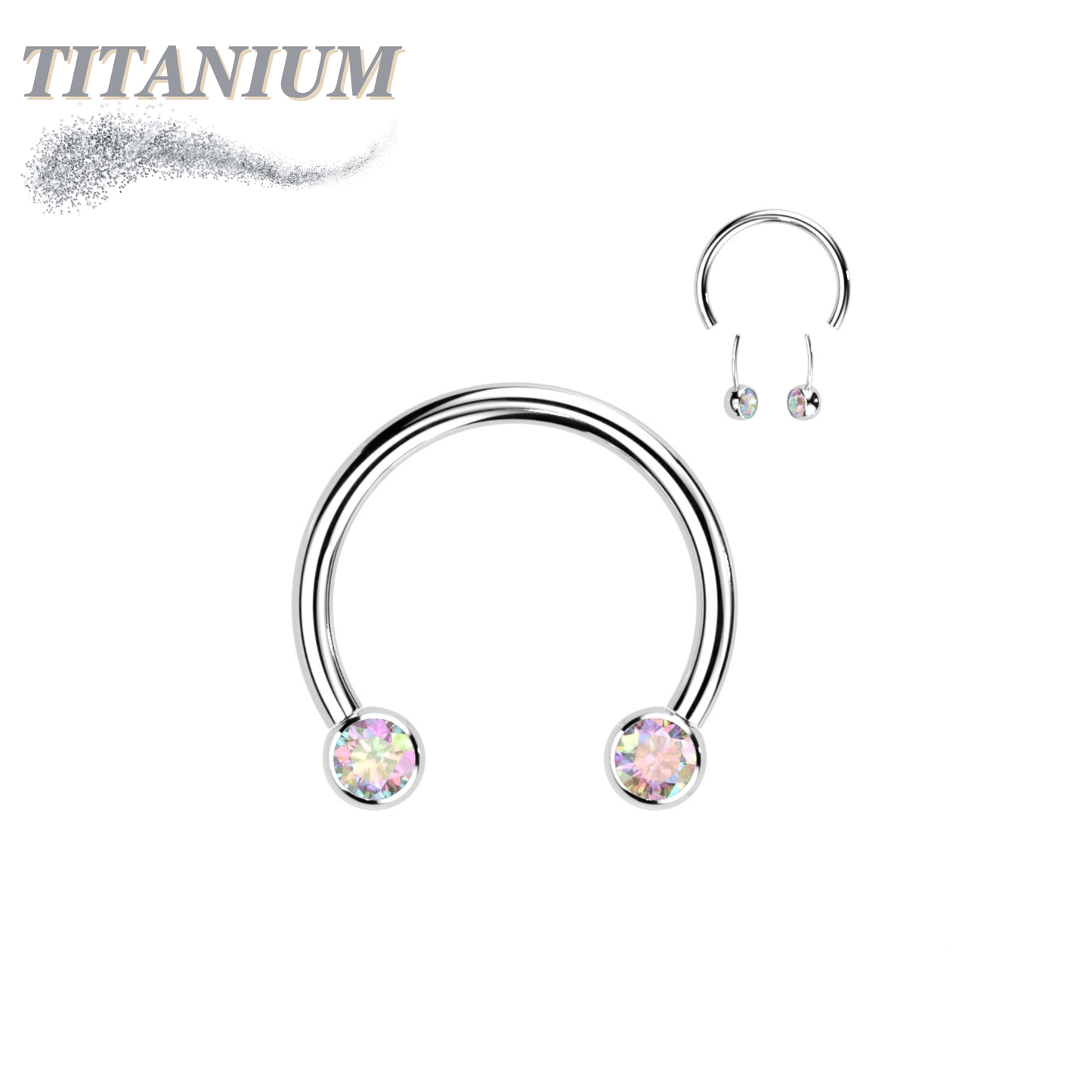 Threadless Titanium Horseshoe with Front Facing Bezel Set CZ Balls