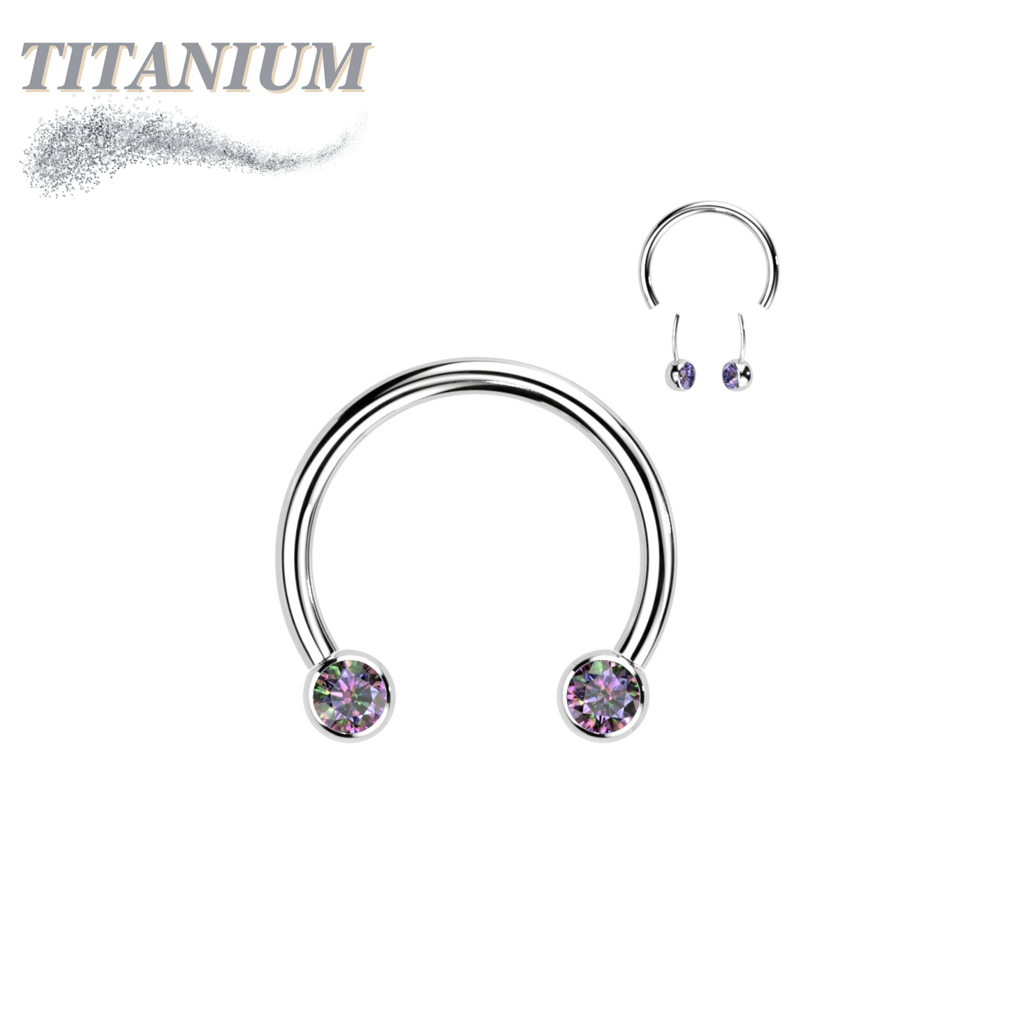 Threadless Titanium Horseshoe with Front Facing Bezel Set CZ Balls