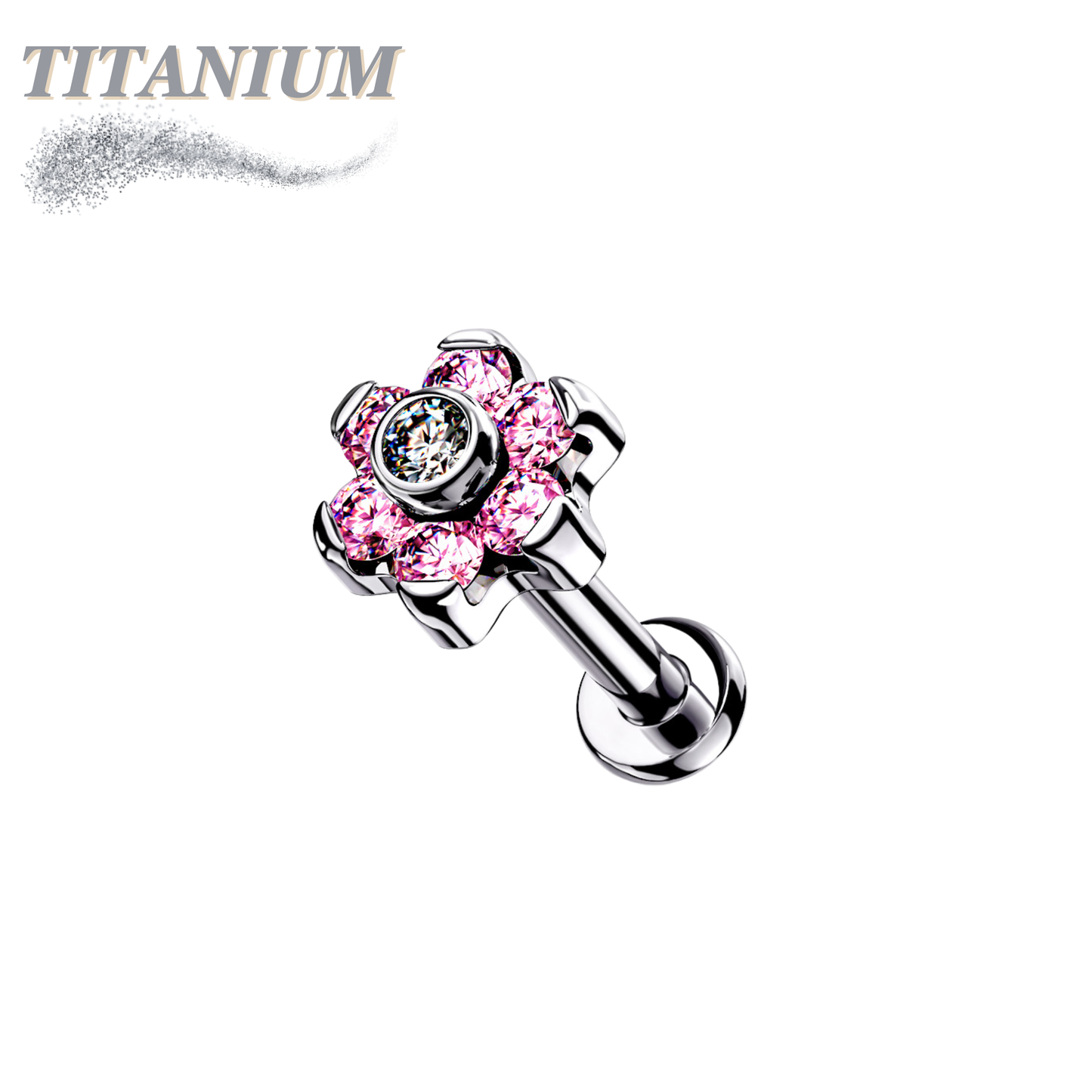 Threadless Pushpin Titanium Flat Back Labret Combo with CZ Flower Top