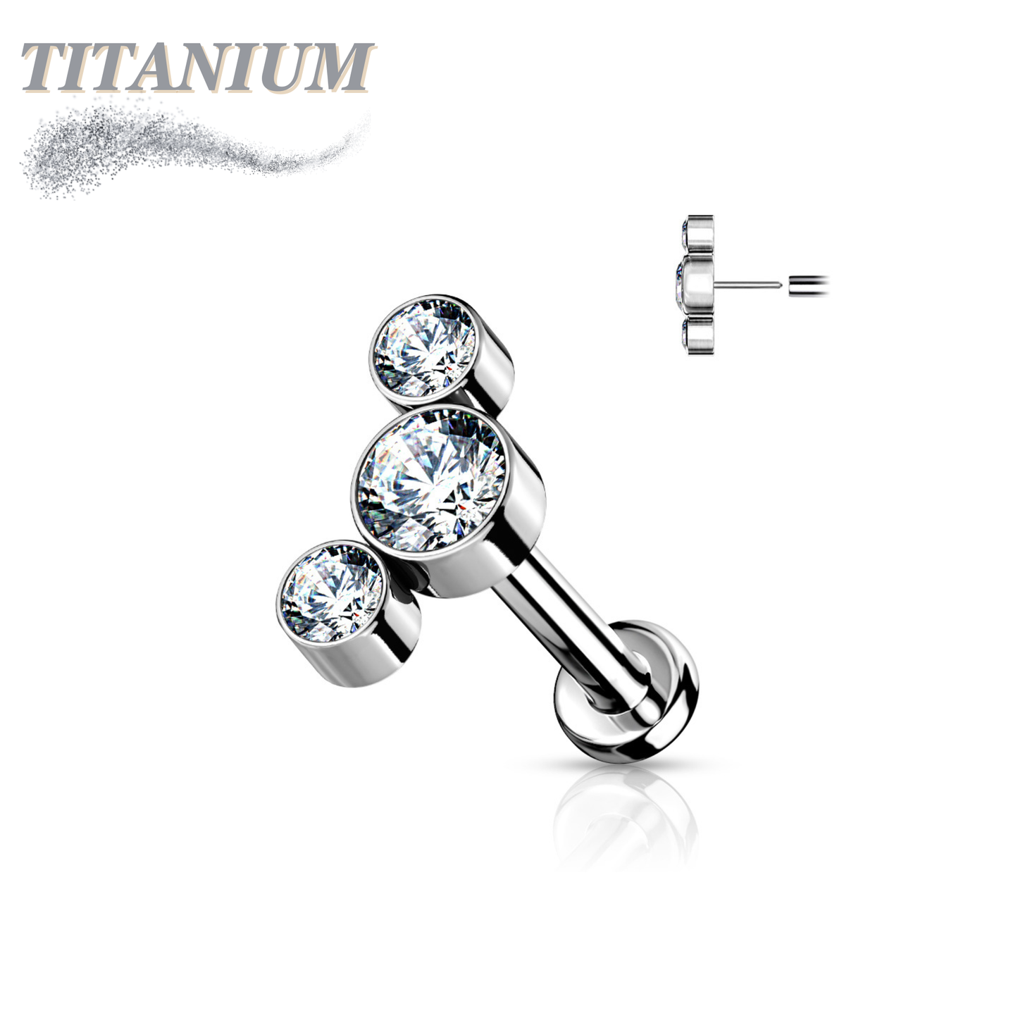 Threadless Titanium Flat Back Labret Combo with 3 CZ Bezel Curve Top