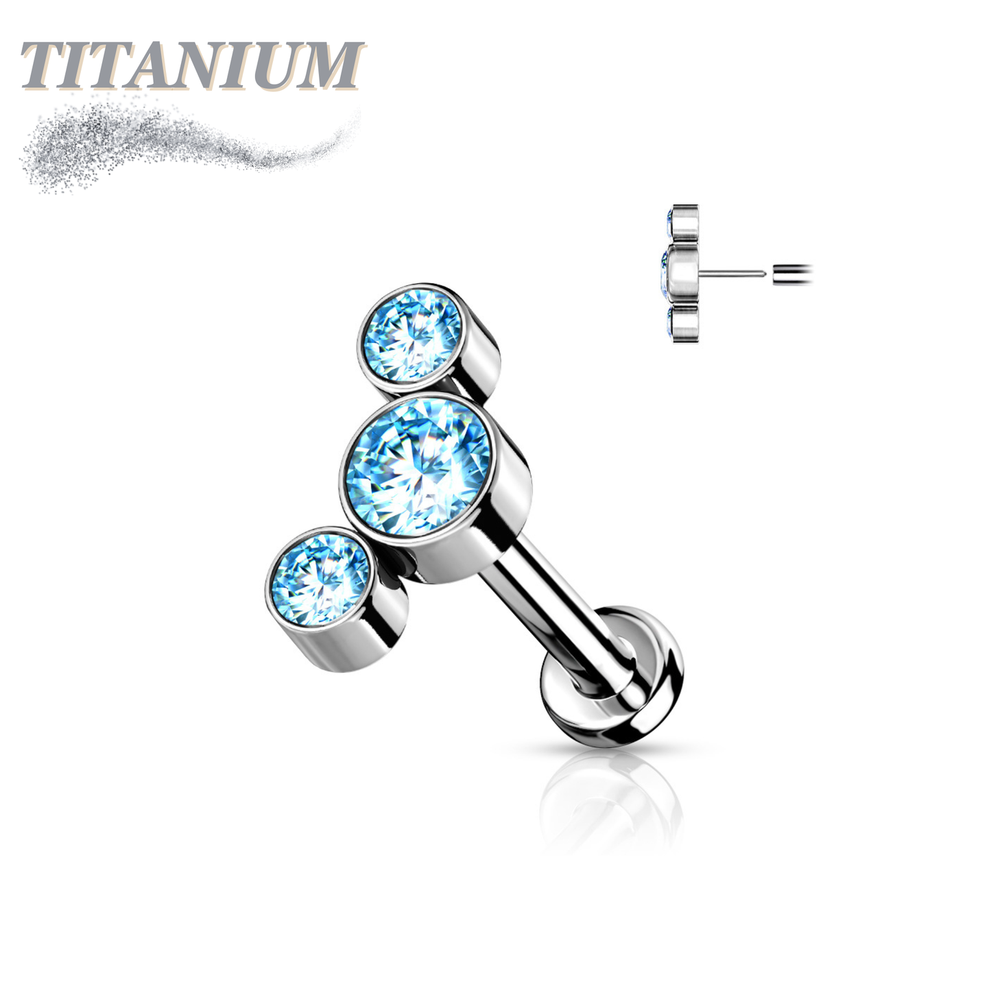 Threadless Titanium Flat Back Labret Combo with 3 CZ Bezel Curve Top