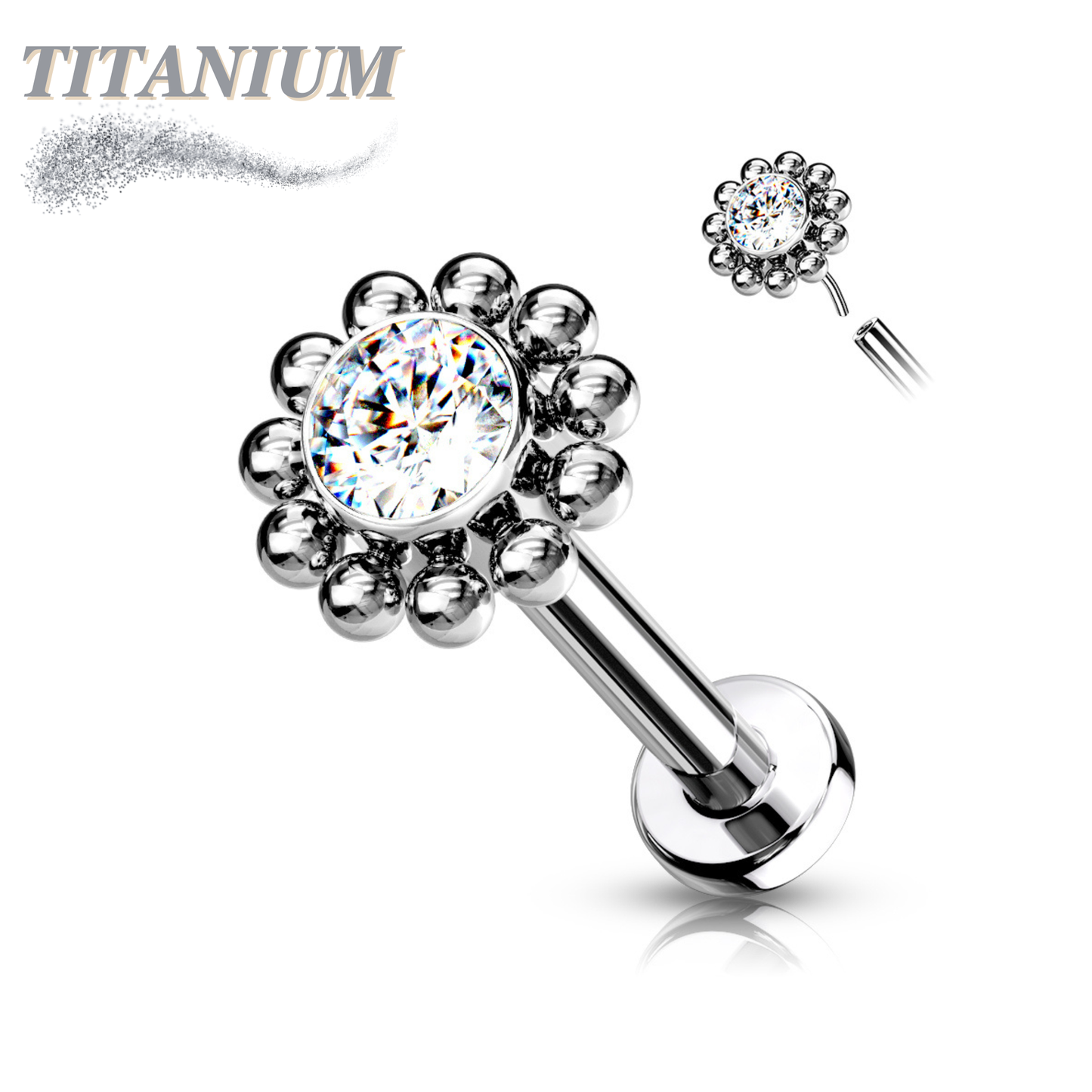 Titanium Threadless Labret Combo with Pushpin CZ Centre Flower Surrounded by Micro Balls