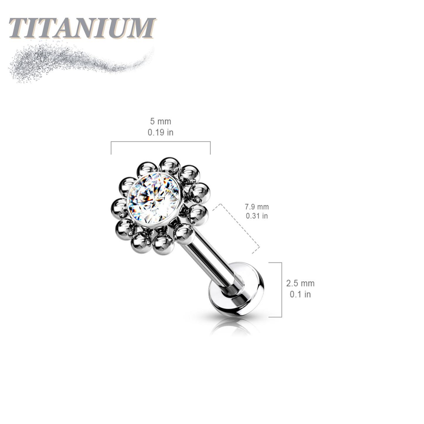 Titanium Threadless Labret Combo with Pushpin CZ Centre Flower Surrounded by Micro Balls