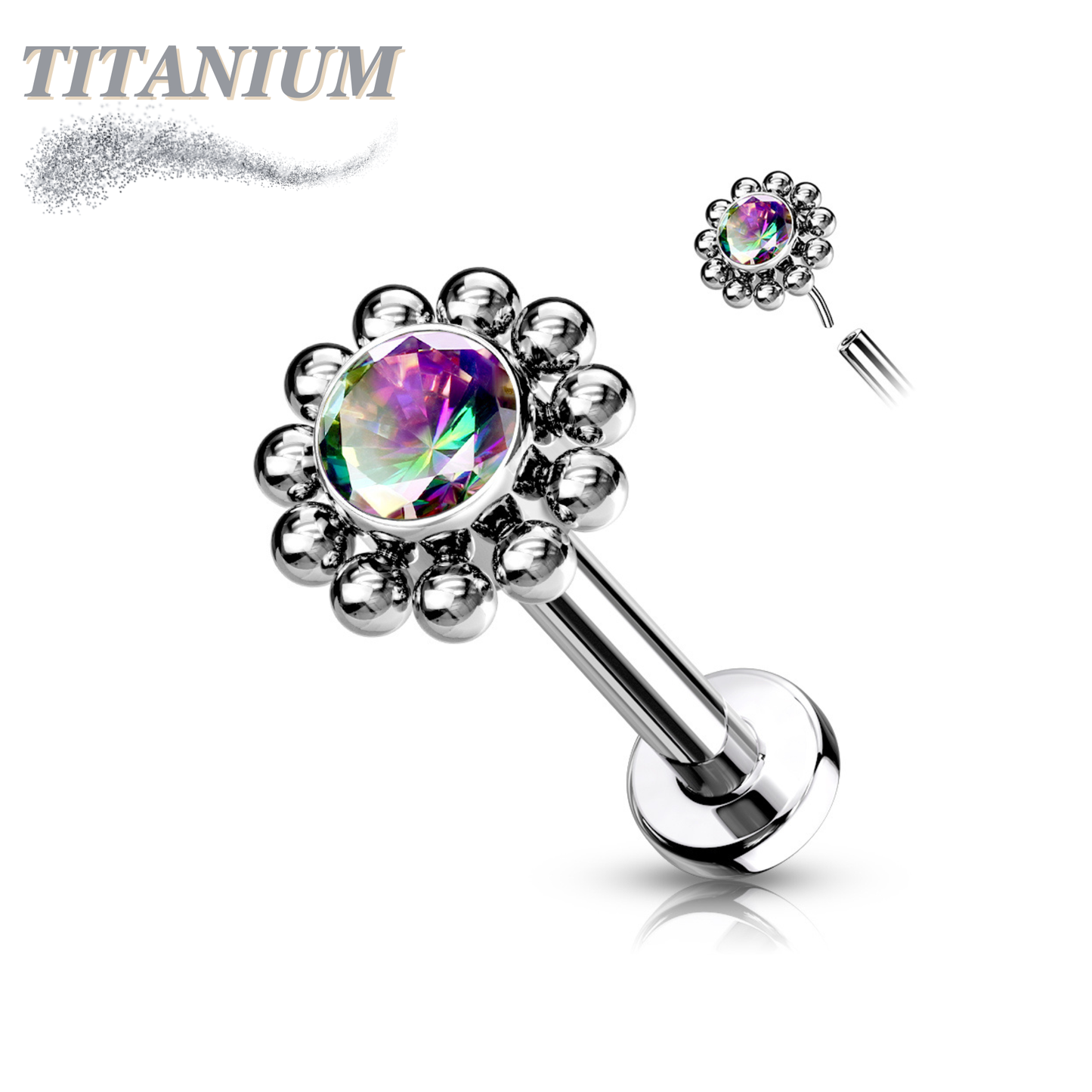 Titanium Threadless Labret Combo with Pushpin CZ Centre Flower Surrounded by Micro Balls