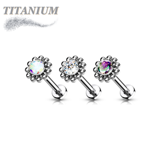 Titanium Threadless Labret Combo with Pushpin CZ Centre Flower Surrounded by Micro Balls