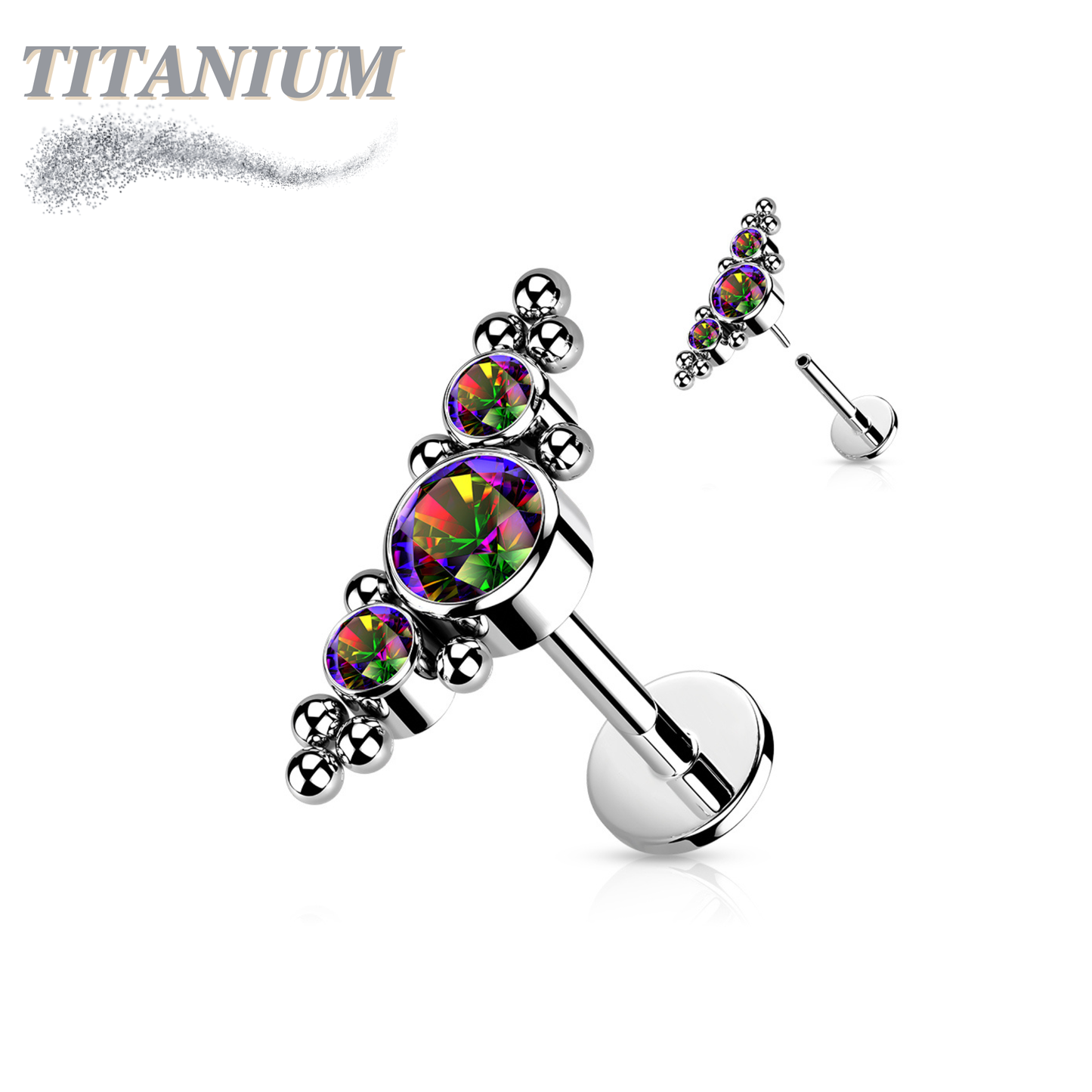 Threadless Pushpin Titanium 3 CZ Bezels with Ball Clusters Labret Combo