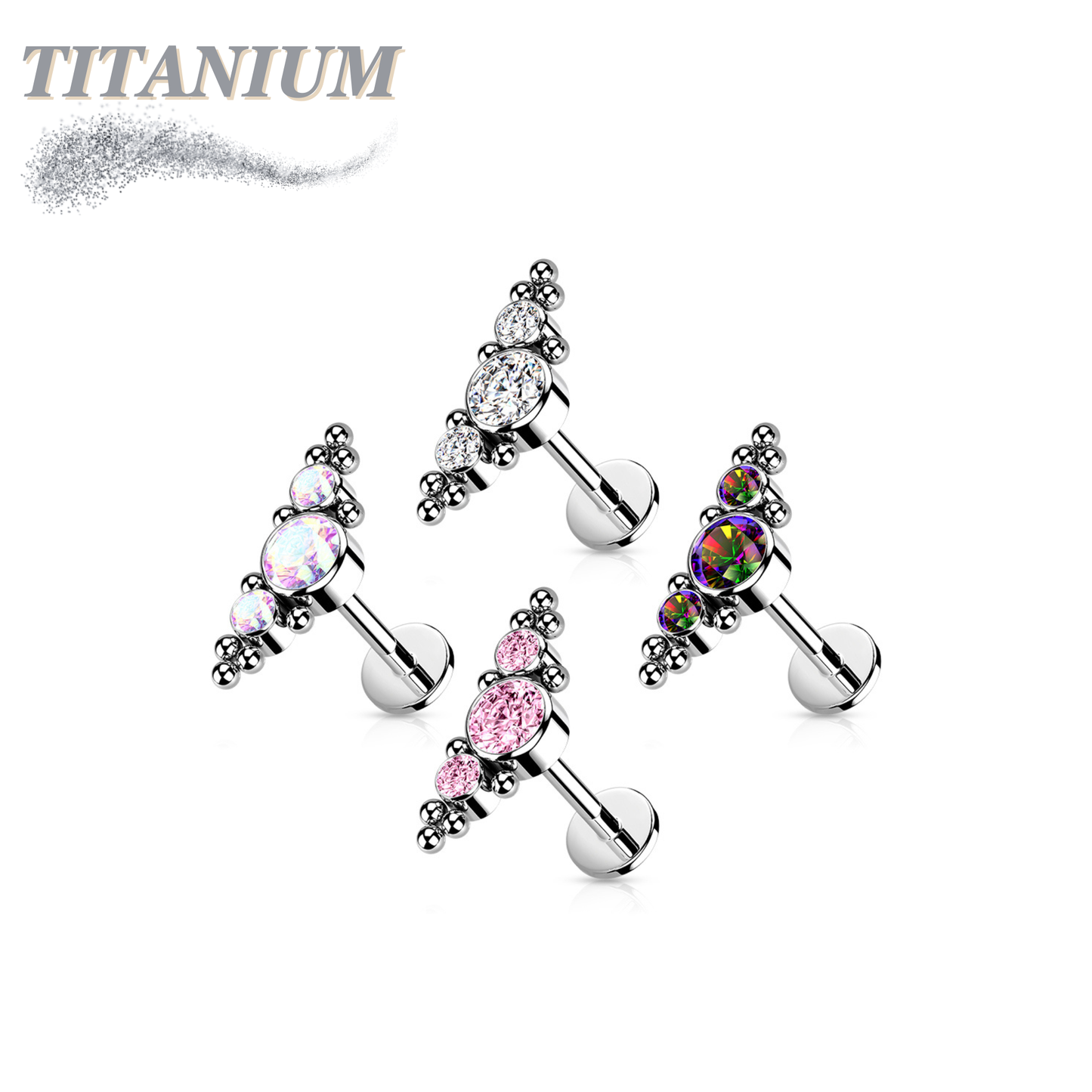 Threadless Pushpin Titanium 3 CZ Bezels with Ball Clusters Labret Combo