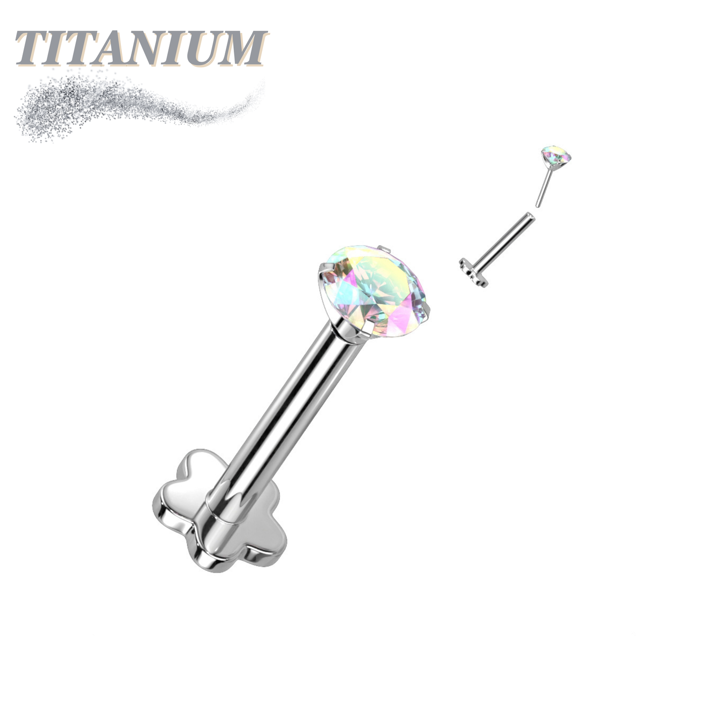 Titanium Threadless Labret Combo with 5 Petal Base and Prong Set CZ Top