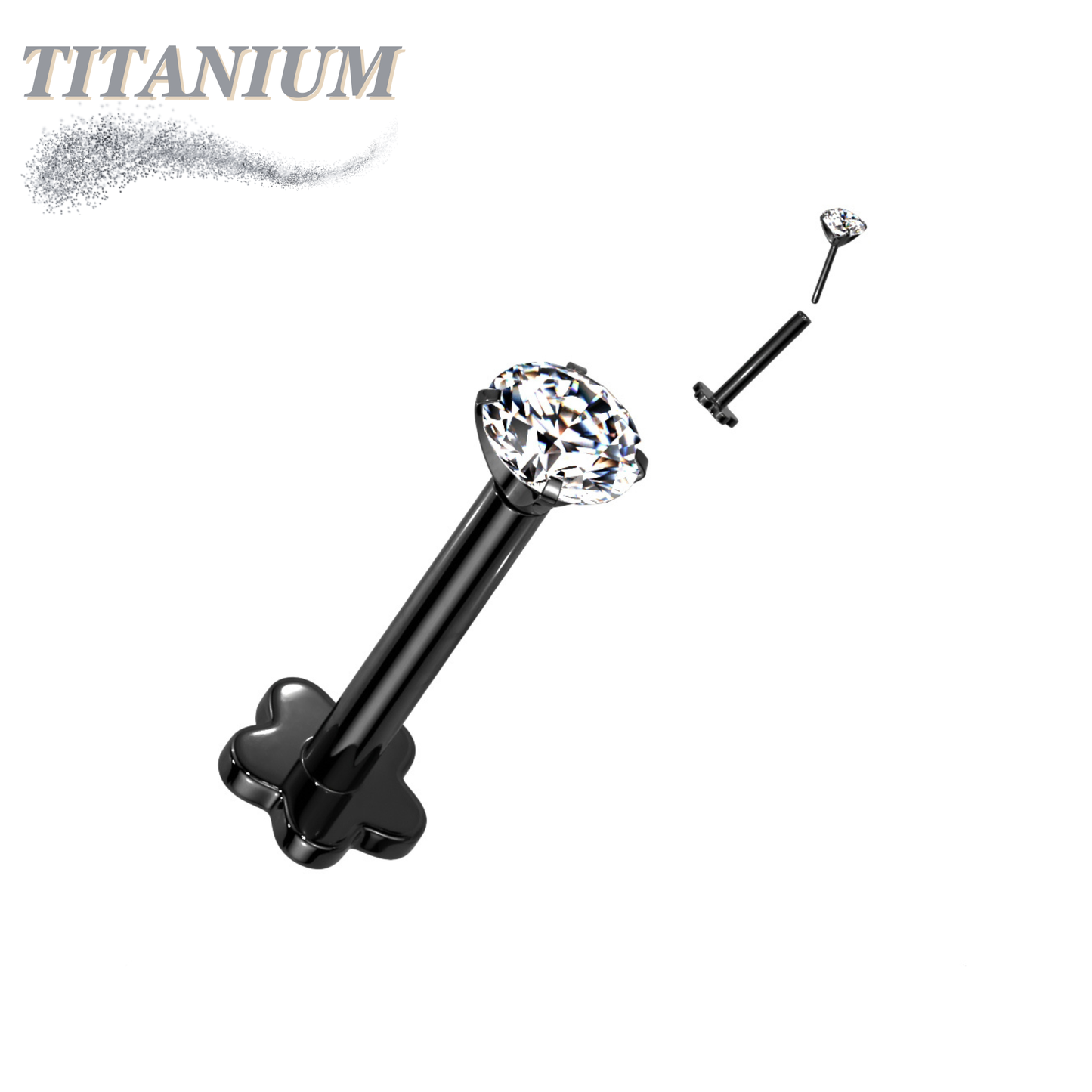 Titanium Threadless Labret Combo with 5 Petal Base and Prong Set CZ Top