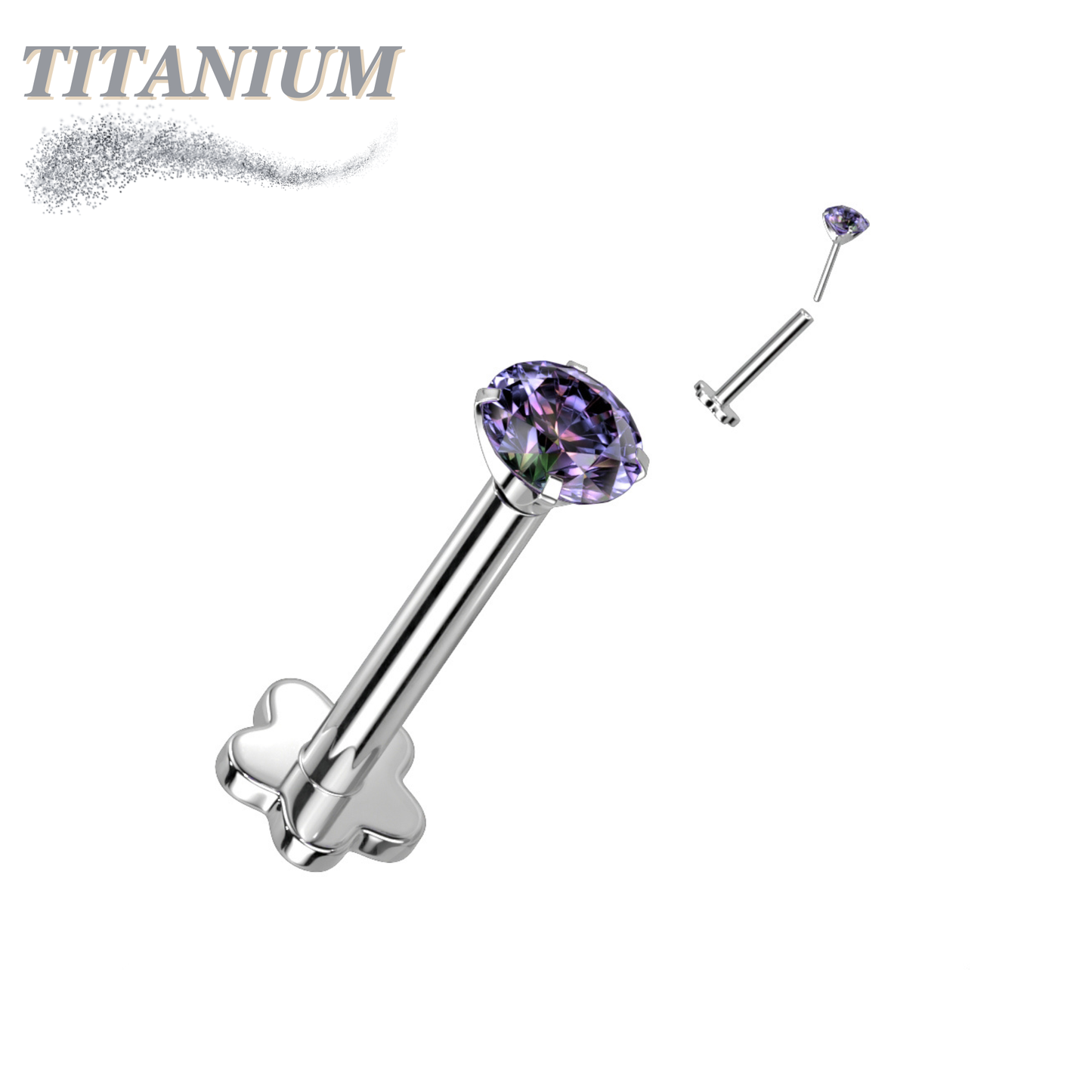 Titanium Threadless Labret Combo with 5 Petal Base and Prong Set CZ Top