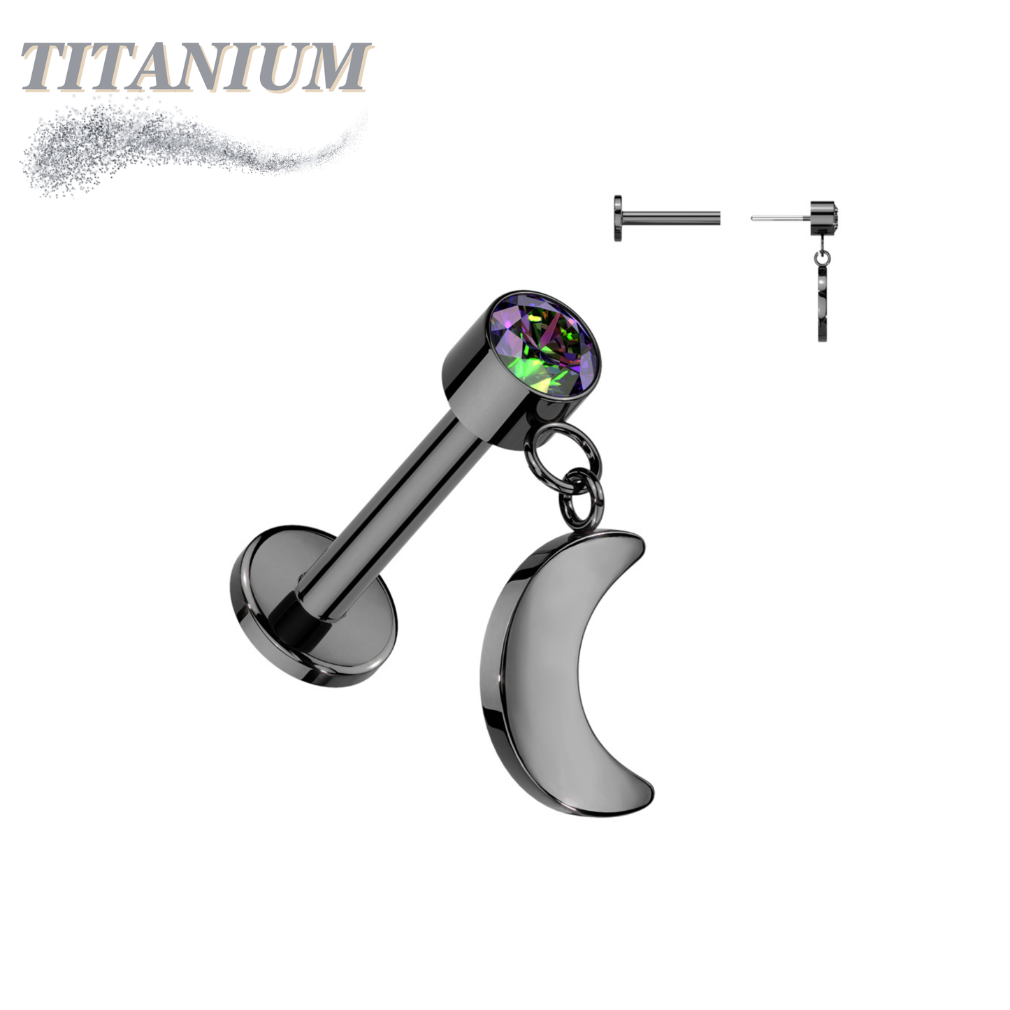 Threadless Titanium Round Bezel with Dangle Crescent Moon Labret Combo
