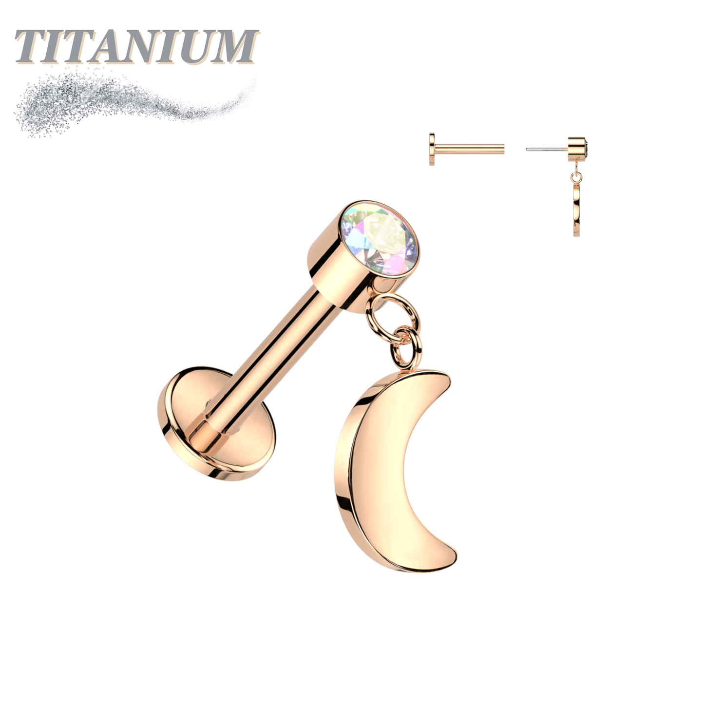 Threadless Titanium Round Bezel with Dangle Crescent Moon Labret Combo