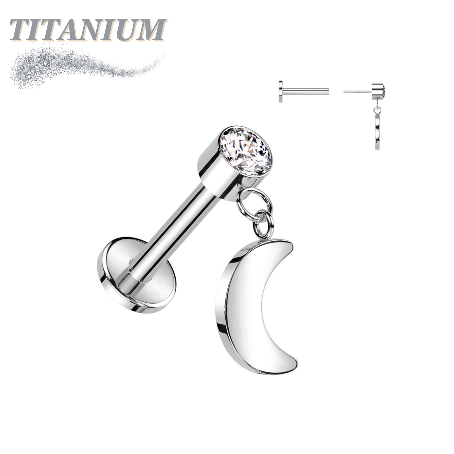 Threadless Titanium Round Bezel with Dangle Crescent Moon Labret Combo