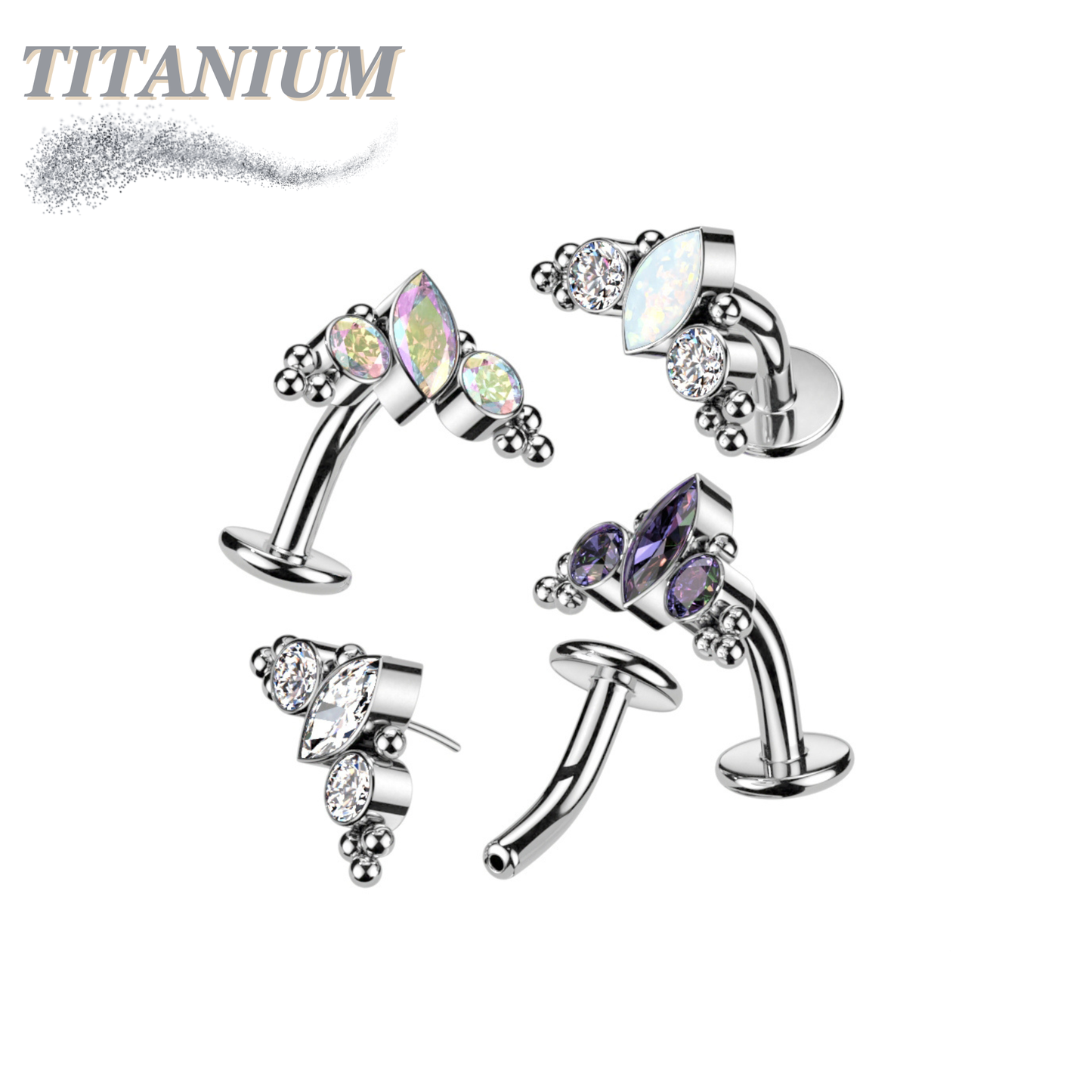 Titanium Threadless Floating Belly Ring with Marquise/CZ/Cluster Ball Top