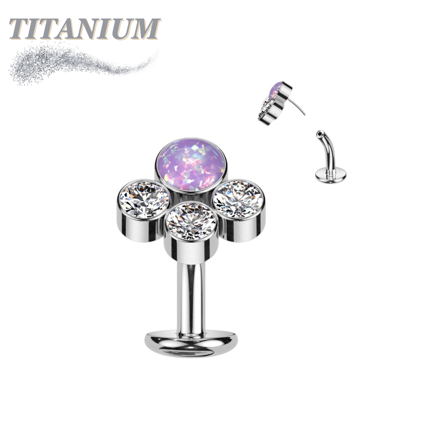 Titanium Threadless Floating Belly Ring with Opal Centre and 3 Bezel CZ Top