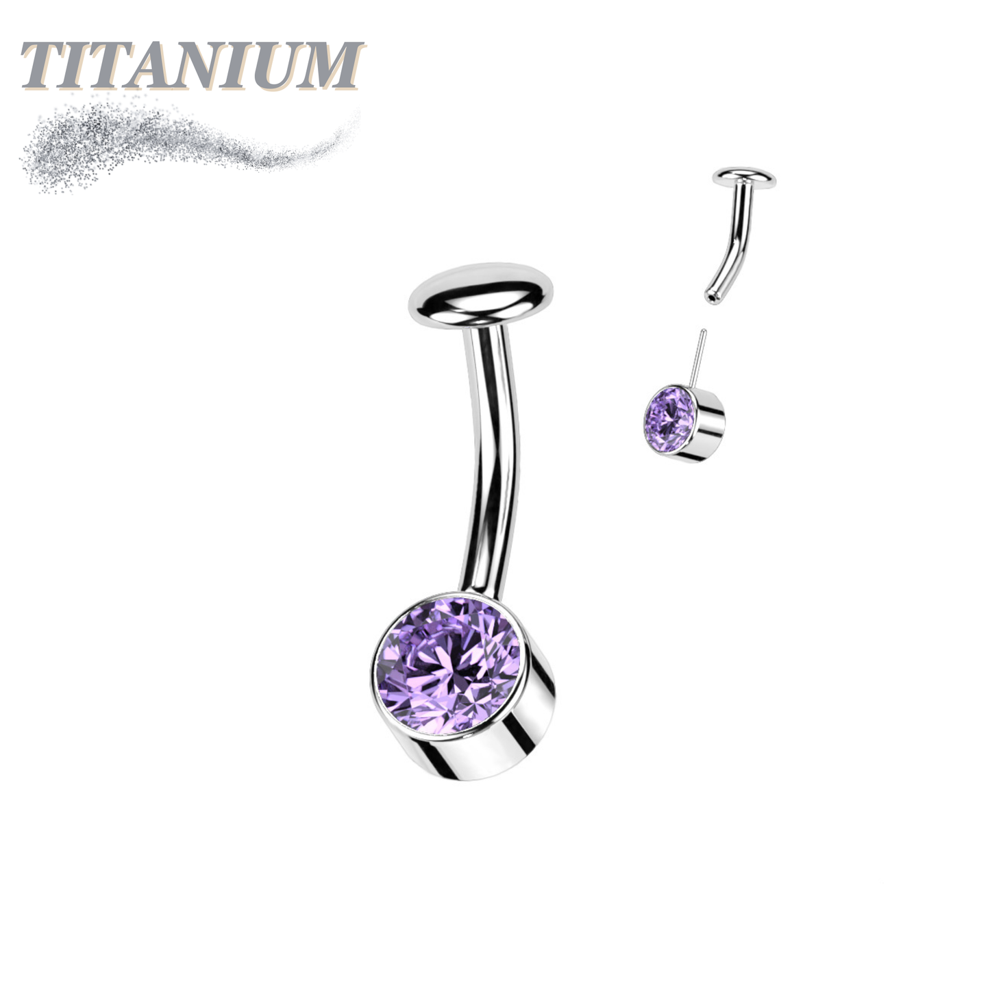 Titanium Threadless Floating Belly Ring with 6mm Front Facing Bezel Set CZ Top