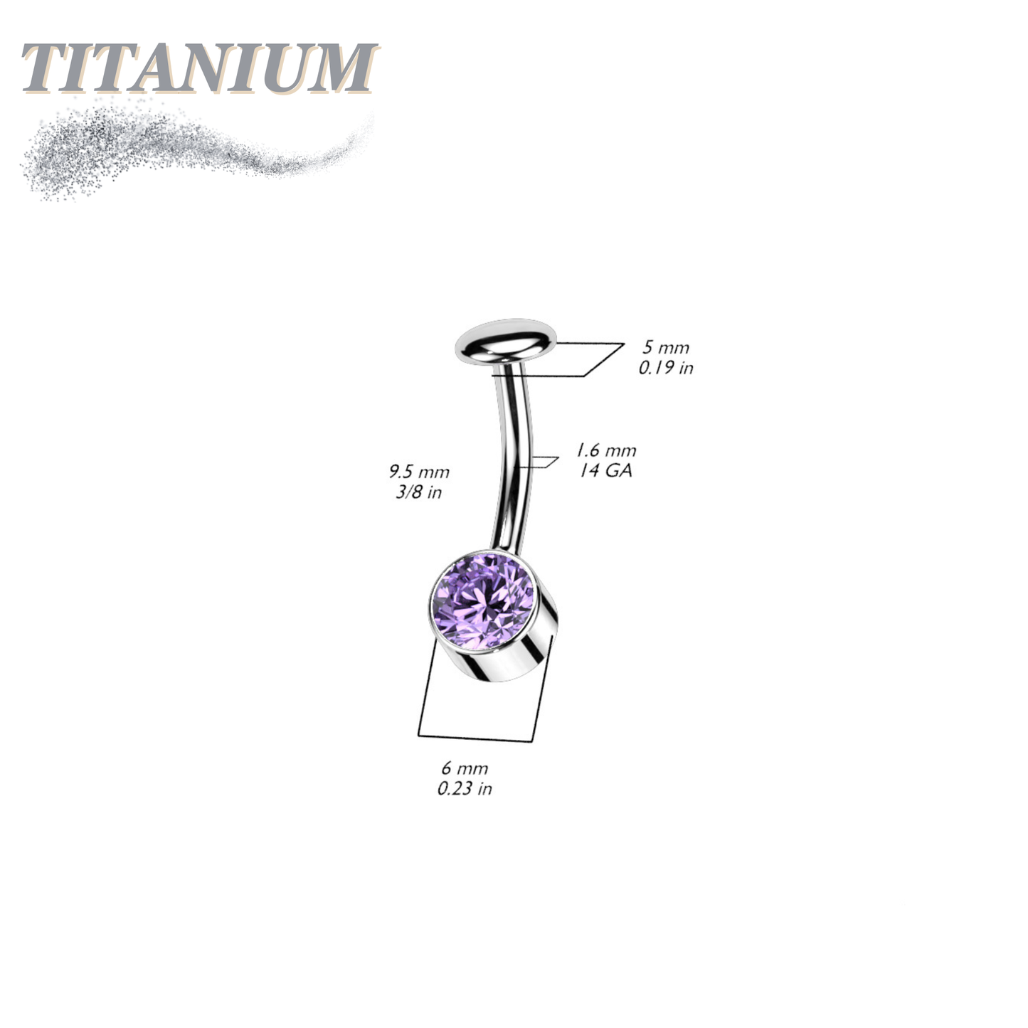 Titanium Threadless Floating Belly Ring with 6mm Front Facing Bezel Set CZ Top