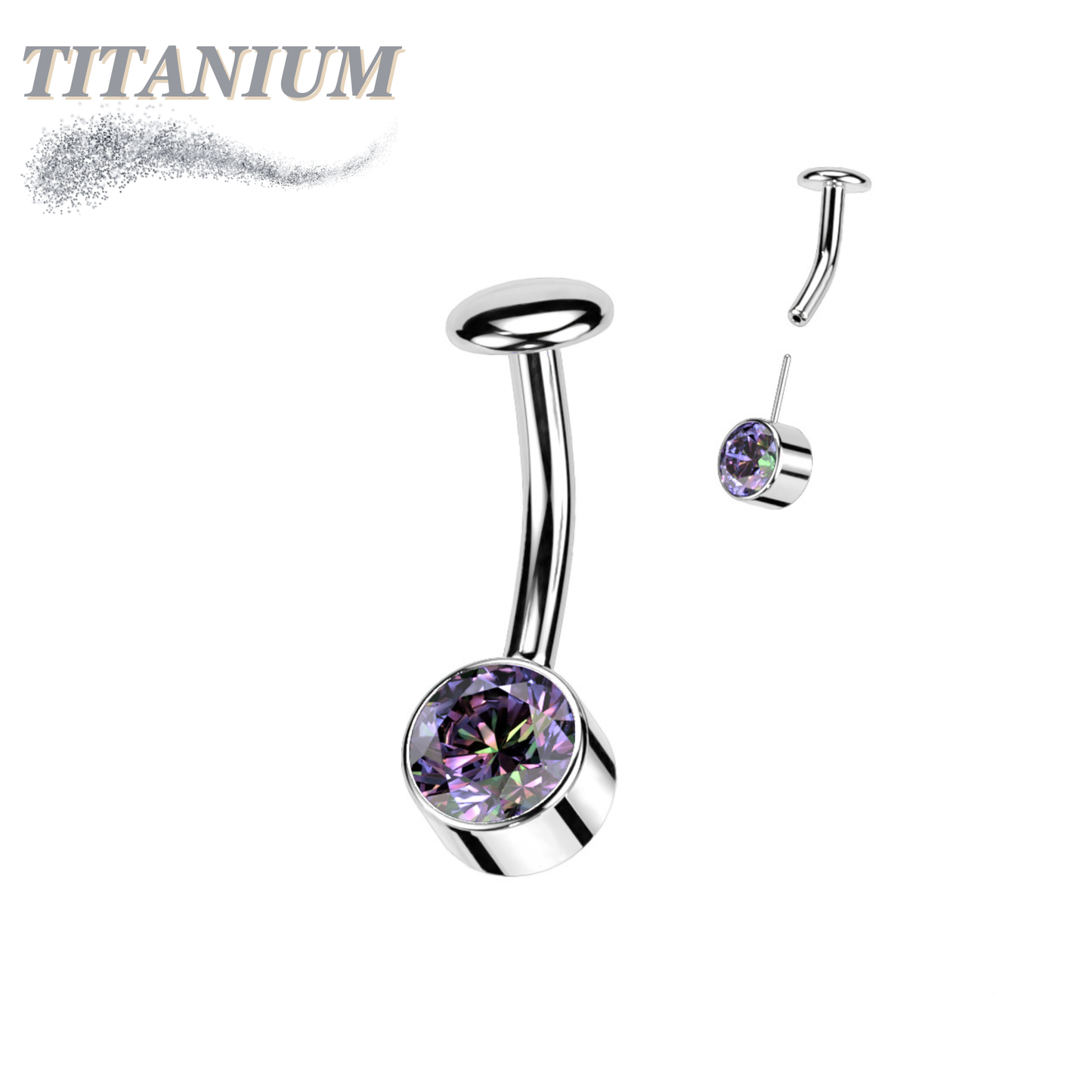 Titanium Threadless Floating Belly Ring with 6mm Front Facing Bezel Set CZ Top