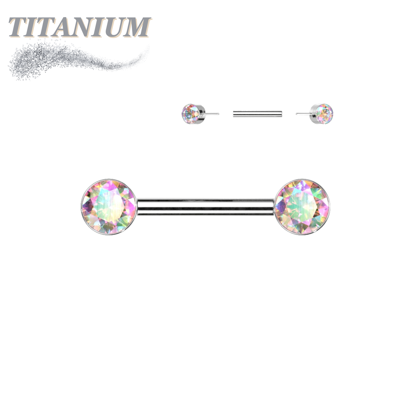 Titanium Threadless Nipple Barbell with Forward Facing CZ Bezel Set Ends
