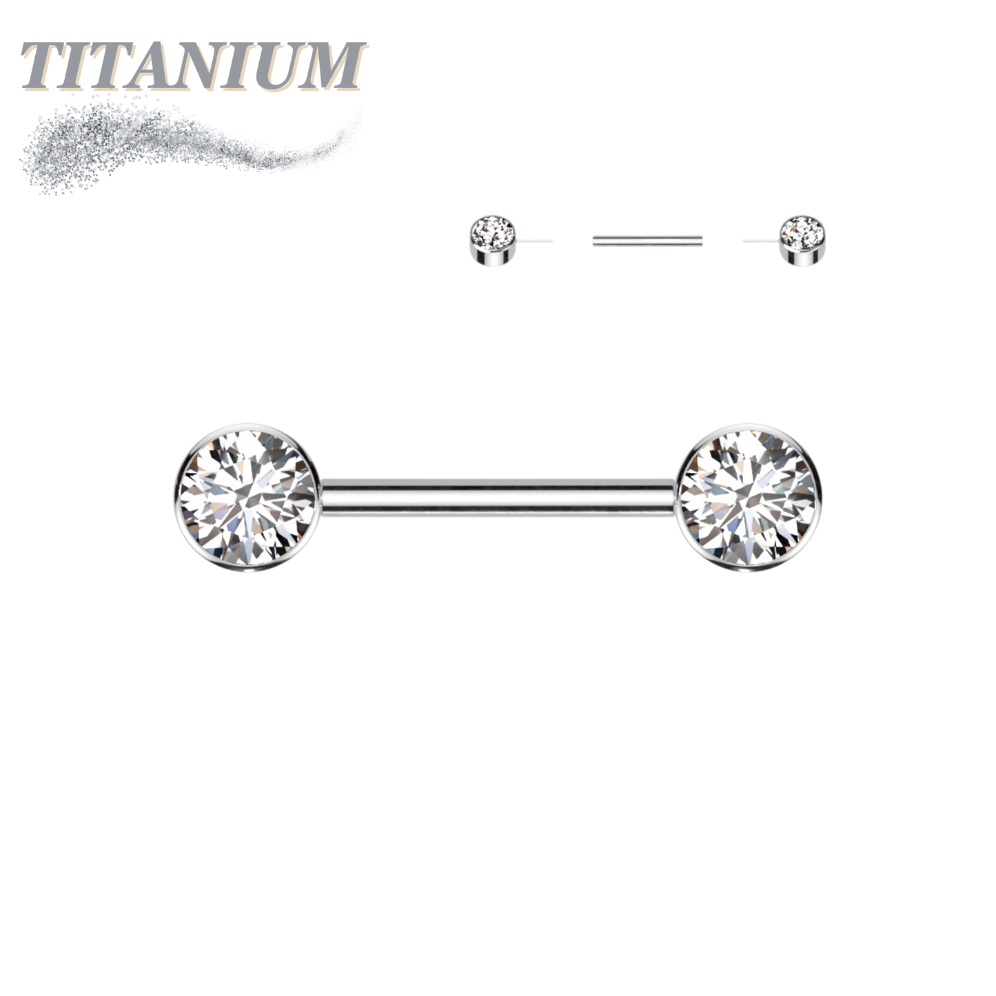 Titanium Threadless Nipple Barbell with Forward Facing CZ Bezel Set Ends