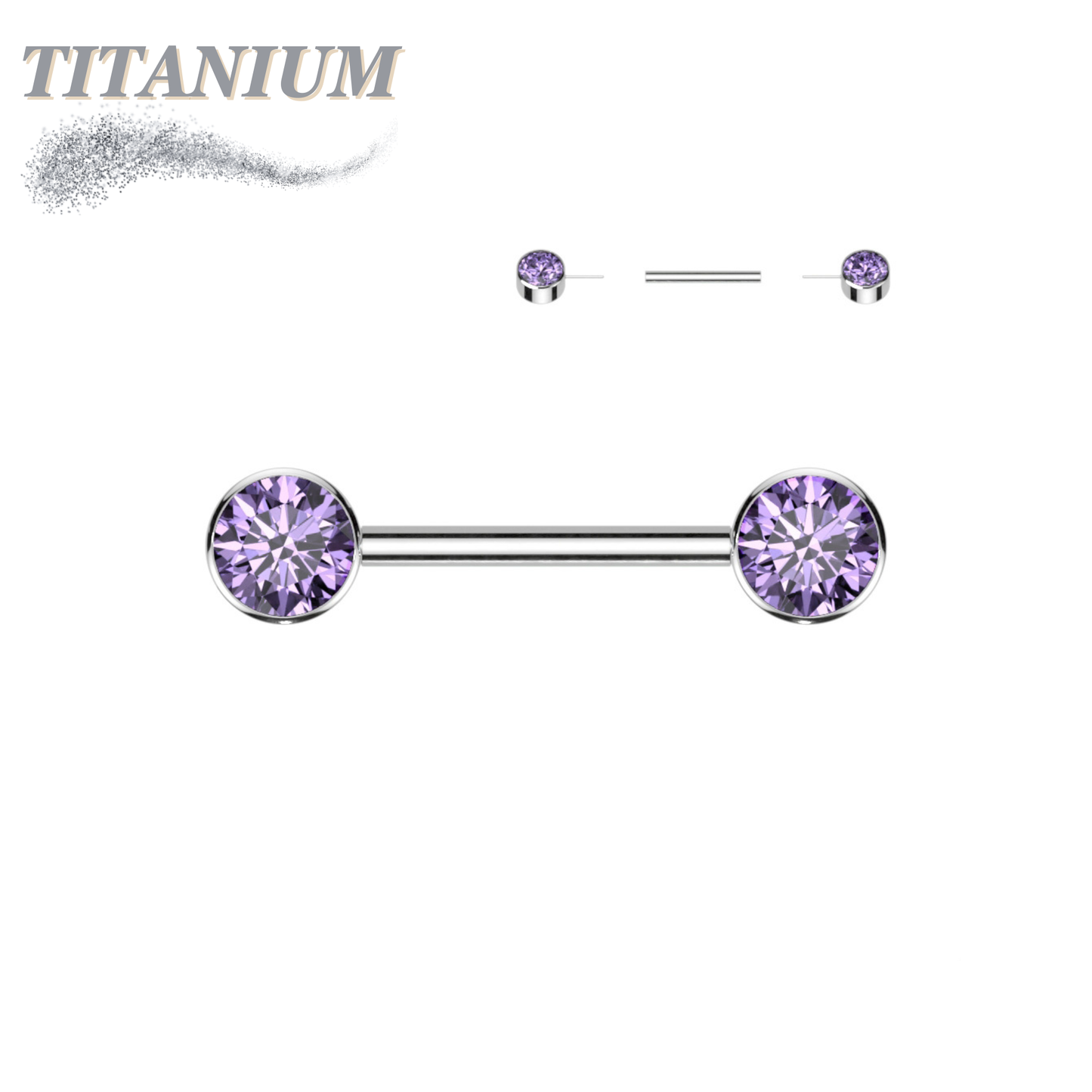 Titanium Threadless Nipple Barbell with Forward Facing CZ Bezel Set Ends