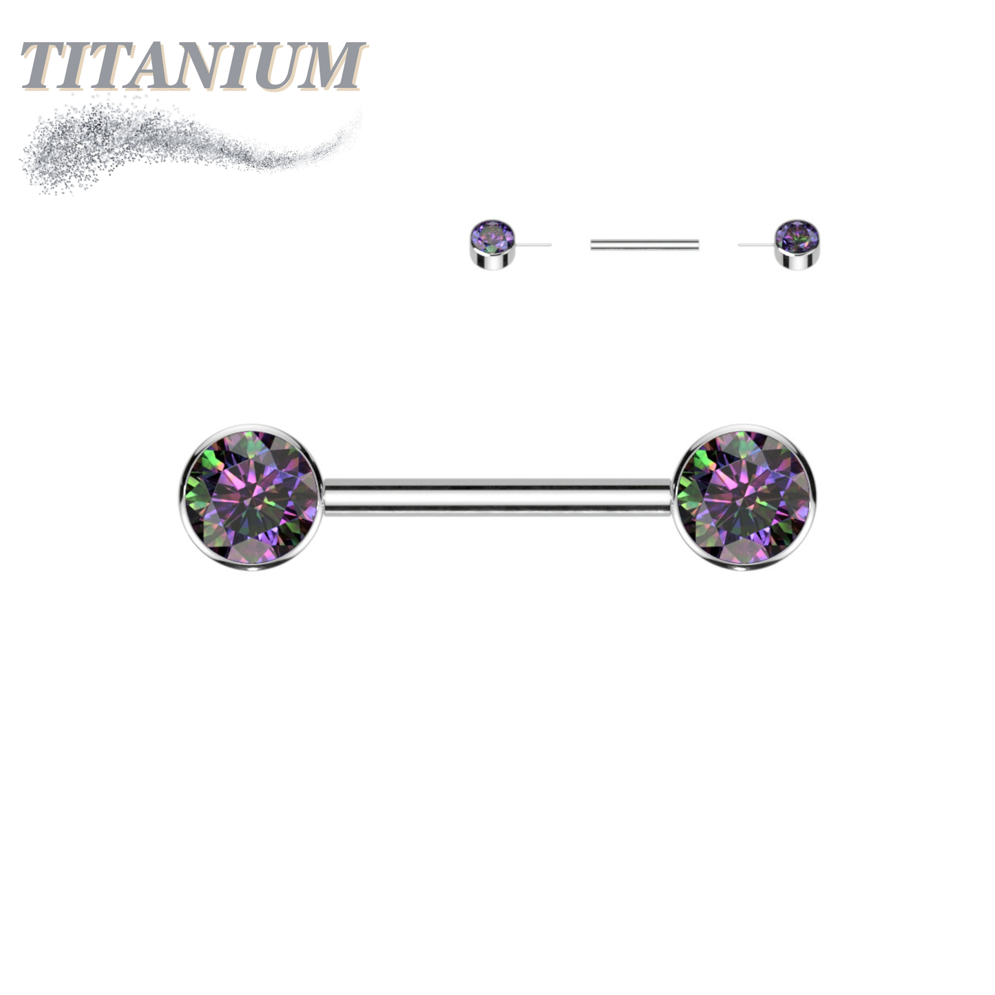 Titanium Threadless Nipple Barbell with Forward Facing CZ Bezel Set Ends
