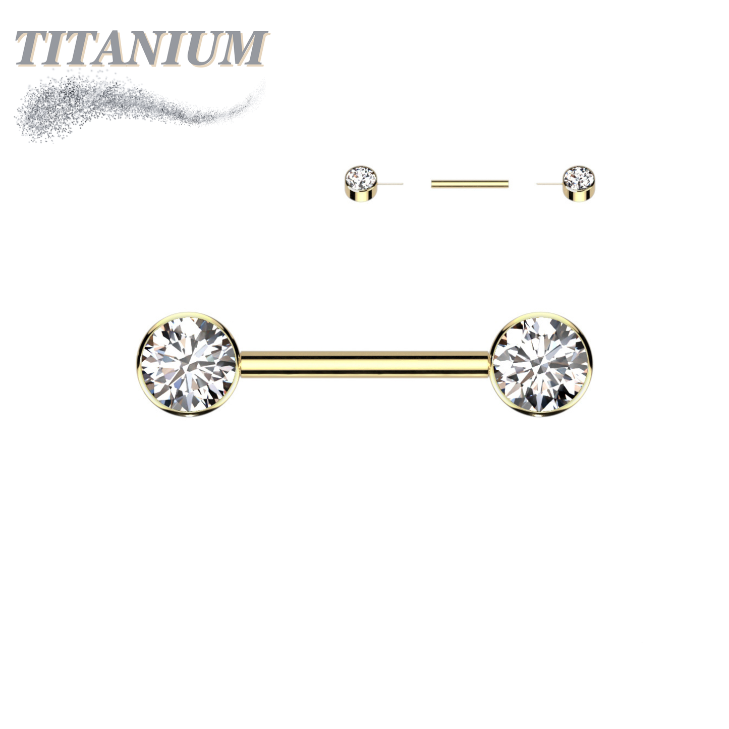 Titanium Threadless Nipple Barbell with Forward Facing CZ Bezel Set Ends
