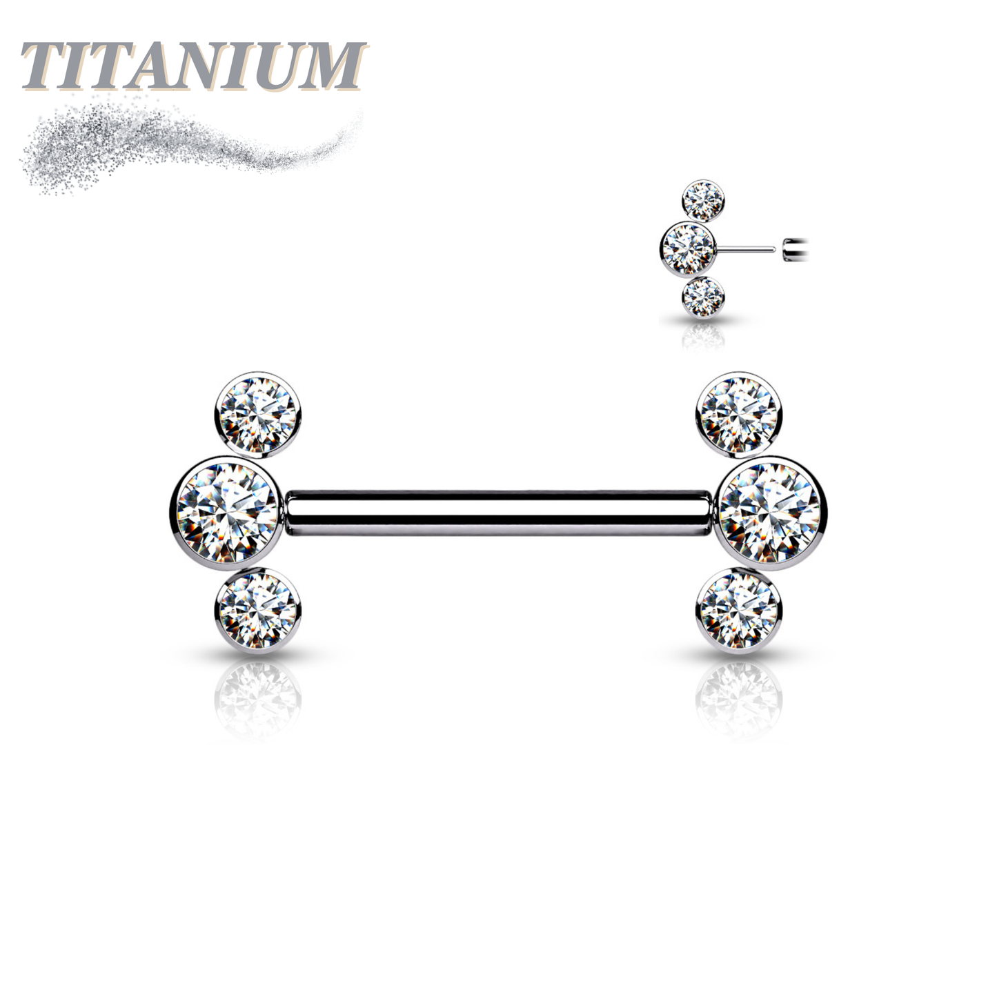 Threadless Titanium Nipple Barbell with 3 Bezel Set CZ Curved Ends