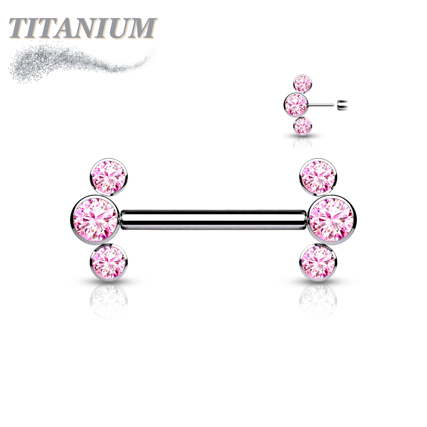 Threadless Titanium Nipple Barbell with 3 Bezel Set CZ Curved Ends