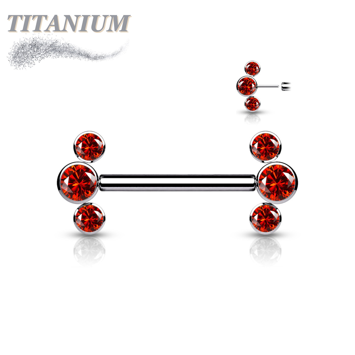 Threadless Titanium Nipple Barbell with 3 Bezel Set CZ Curved Ends