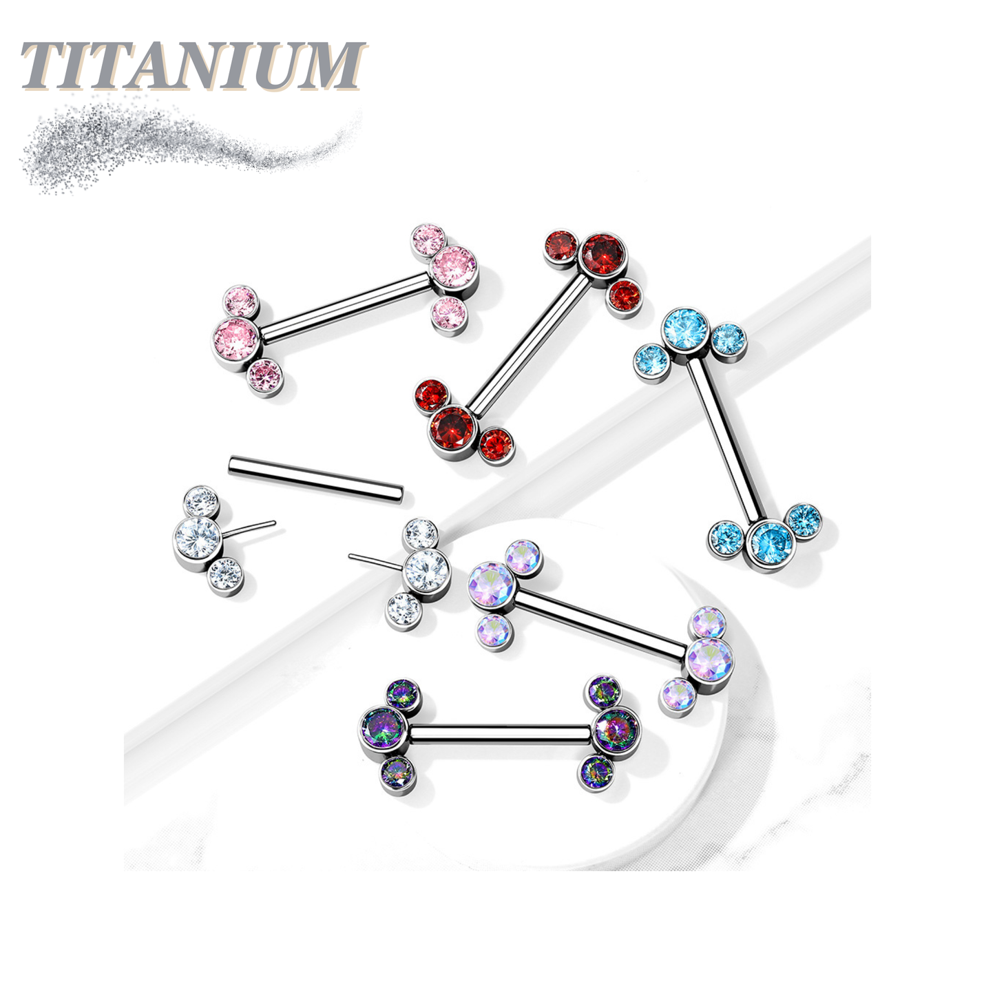 Threadless Titanium Nipple Barbell with 3 Bezel Set CZ Curved Ends
