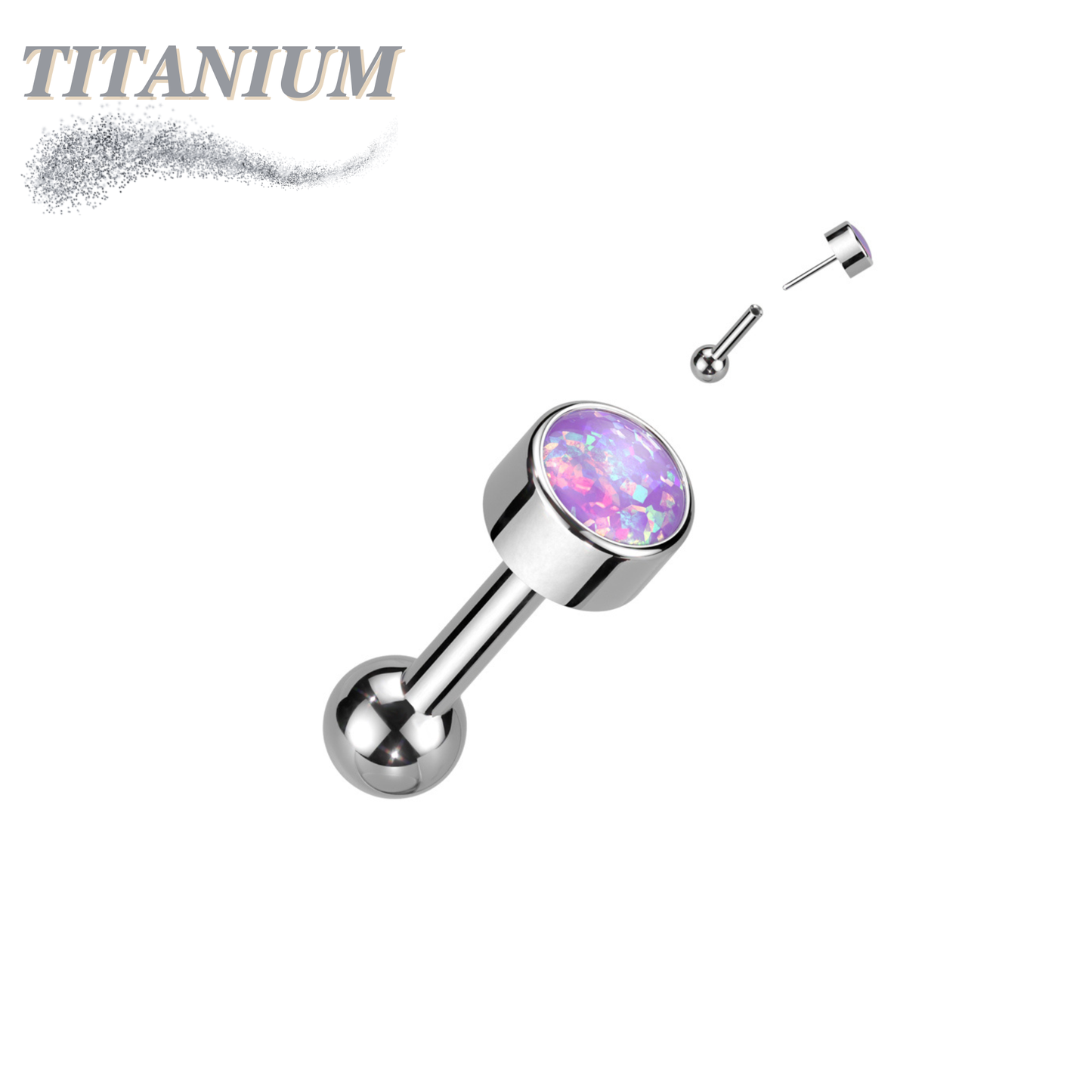 Threadless Titanium Cartilage Barbell with Premium Round Bezel Set Opal