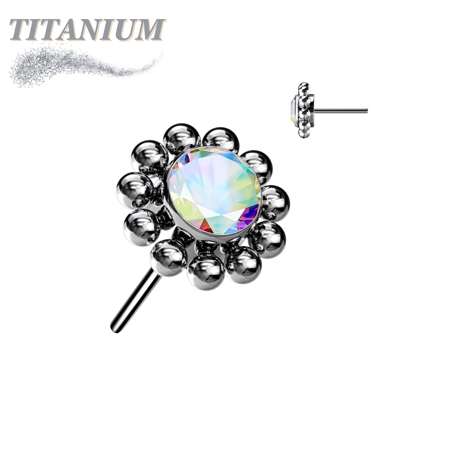 Threadless Titanium Flower Top Only with Center CZ and Surrounding Ball Cluster