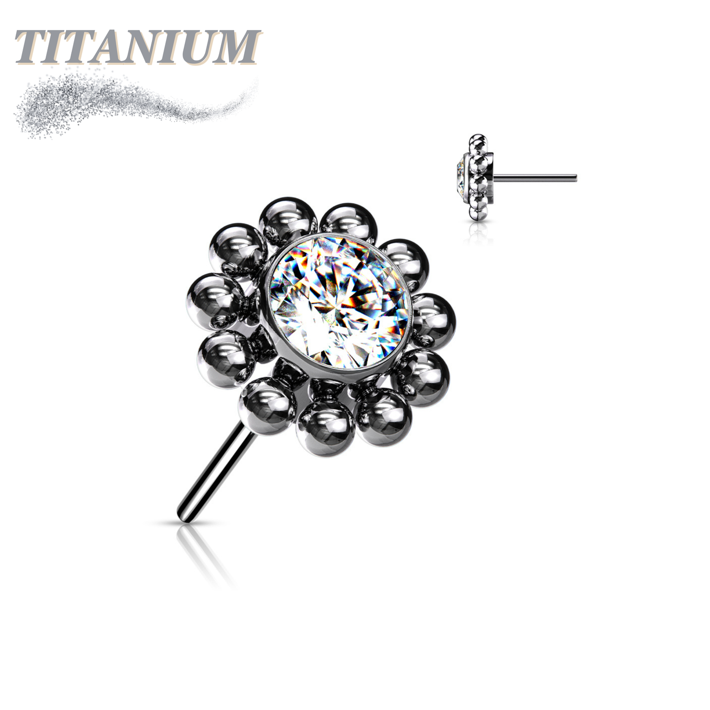 Threadless Titanium Flower Top Only with Center CZ and Surrounding Ball Cluster