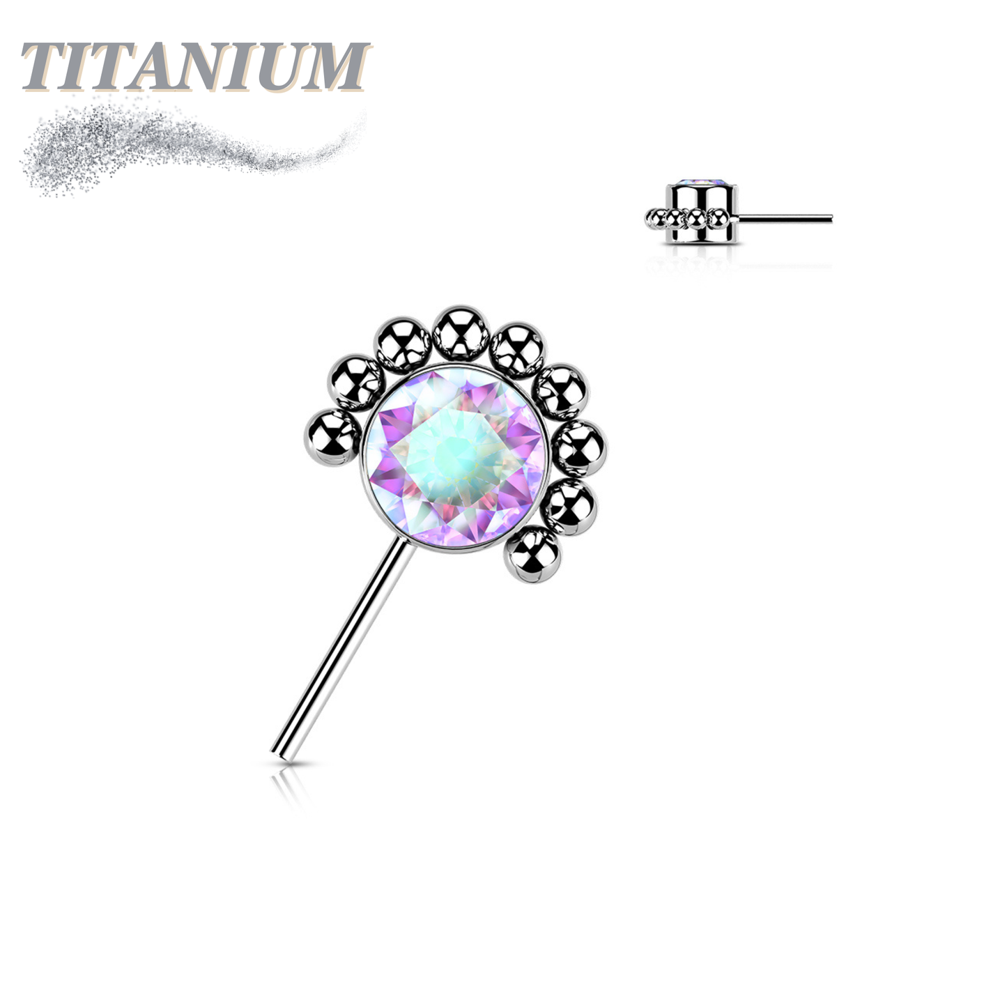 Titanium Threadless Forward Facing Gem or Opal with Beaded Micro Ball Edge Top Only