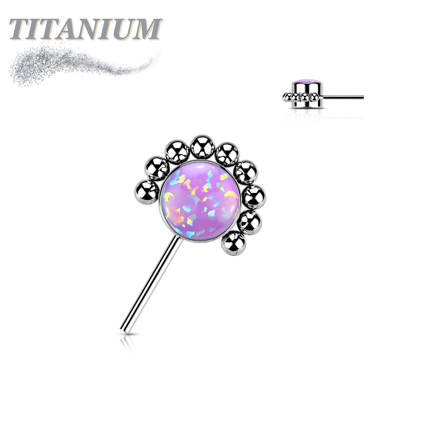 Titanium Threadless Forward Facing Gem or Opal with Beaded Micro Ball Edge Top Only