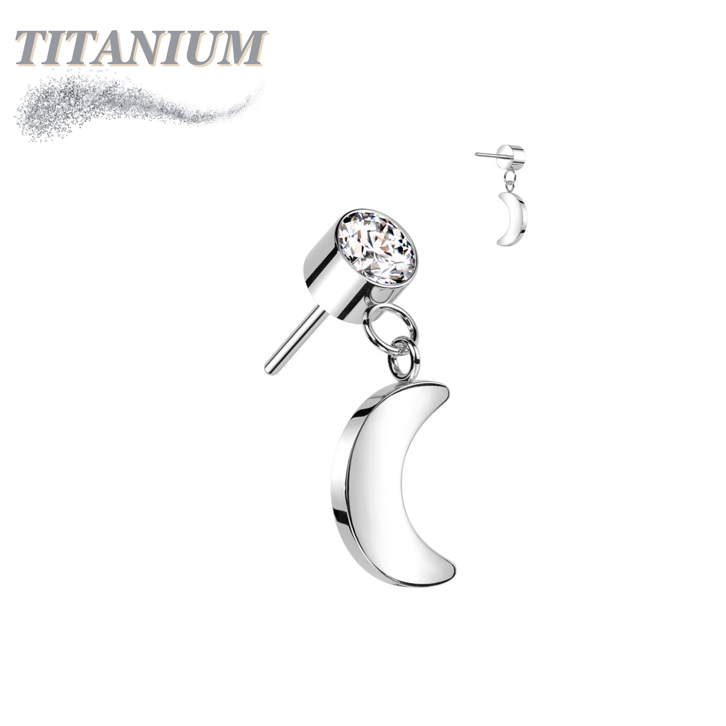 Threadless Titanium Round Bezel with Dangle Crescent Moon Top Only